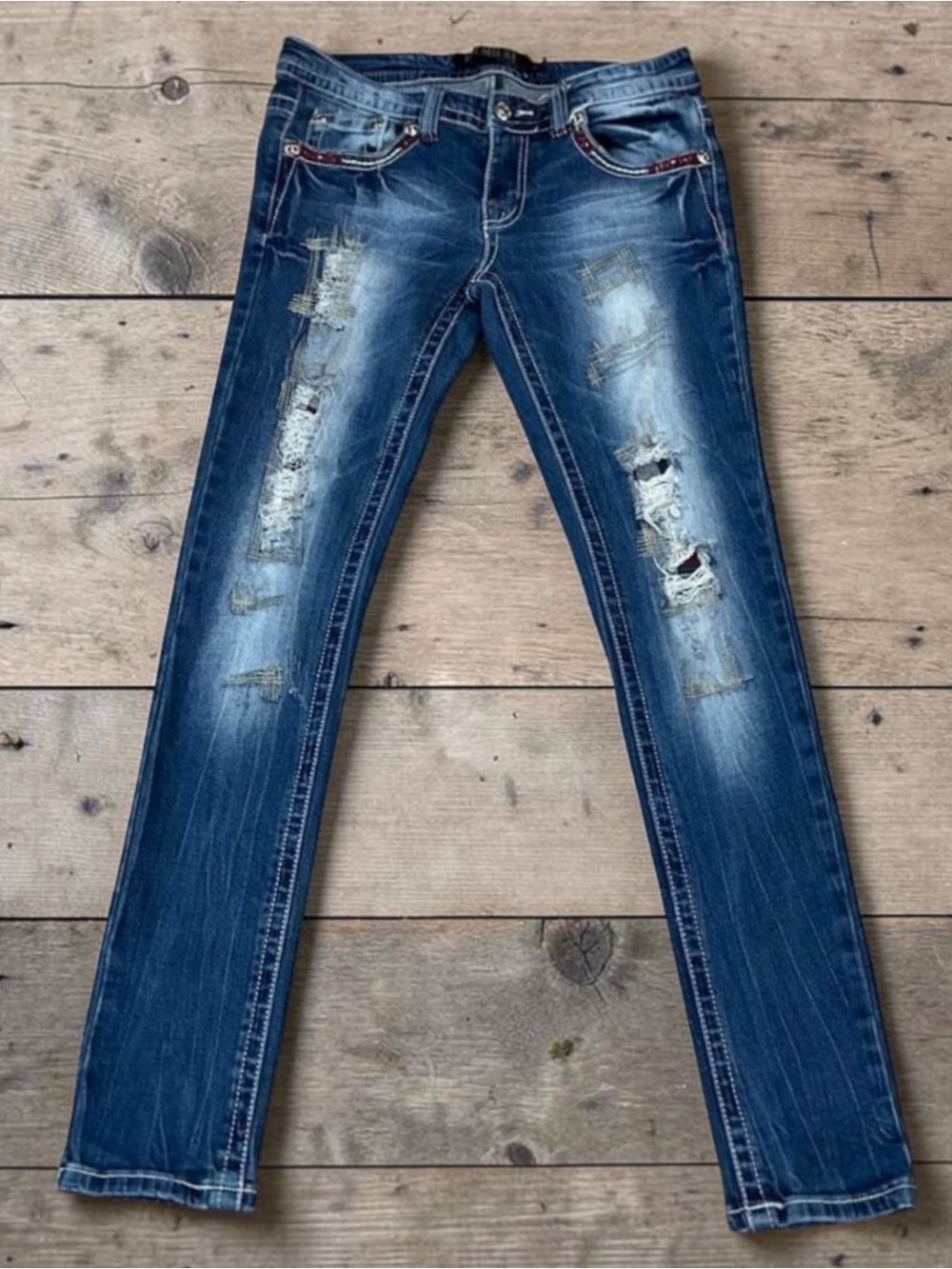 Rue 21 Distressed Plaid Patchwork Mid Rise Skinny Jeans